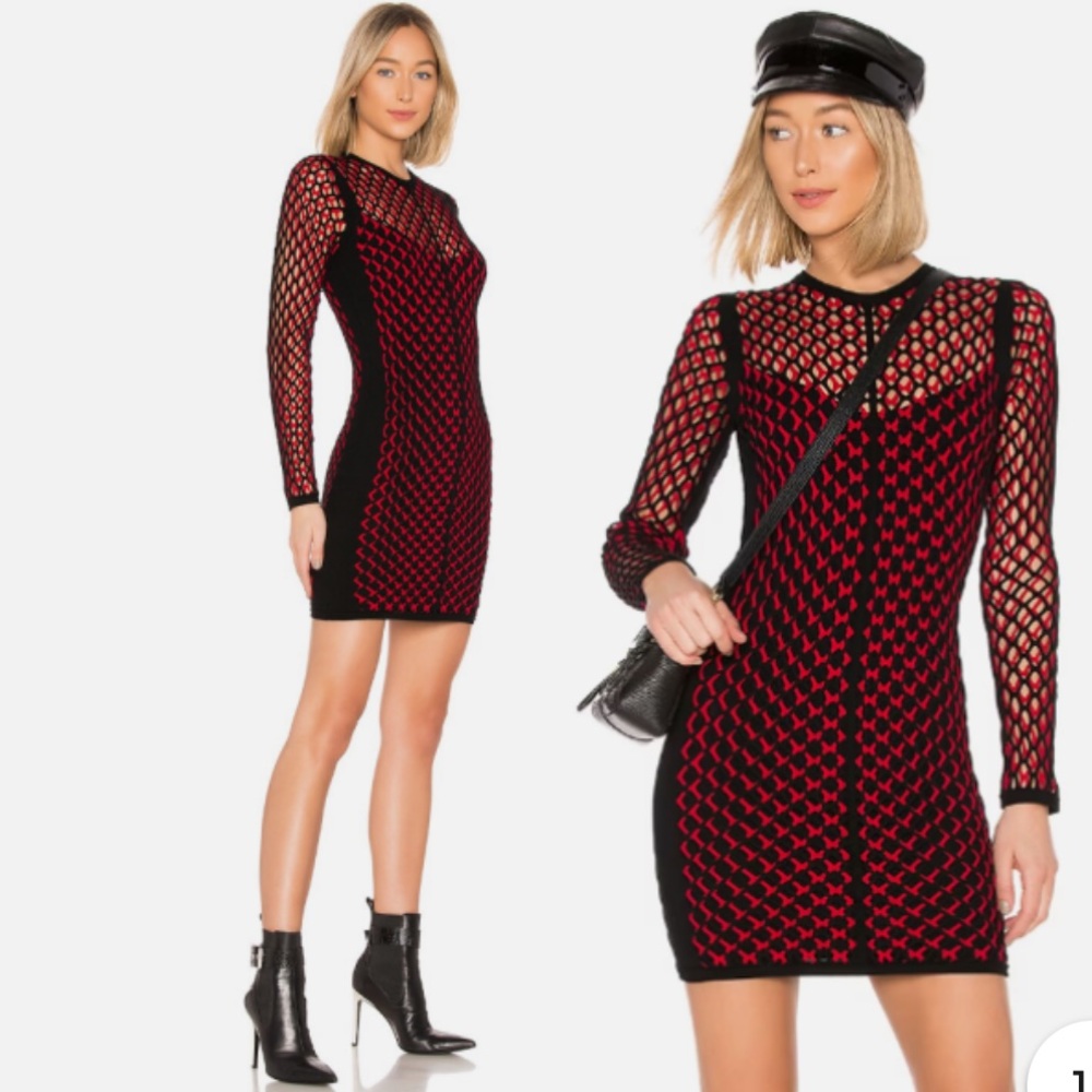 Rag & Bone Wes Black/Red Mesh Stitch Double Layer Bodycon Mini Dress sz S